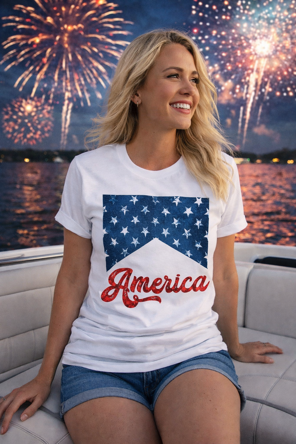 Woman wearing a t-shirt with an American flag design and 'America' text, sitting on a boat with fireworks in the background.