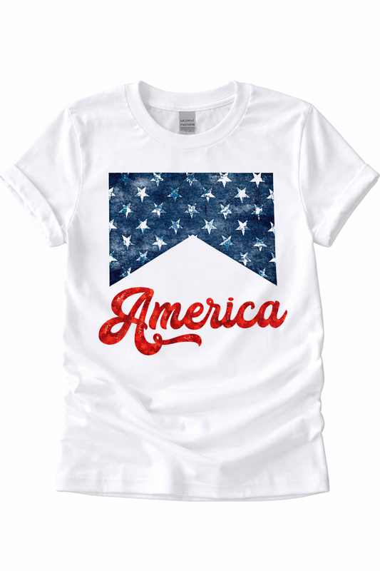 White t-shirt with American flag design and 'America' text on a white background