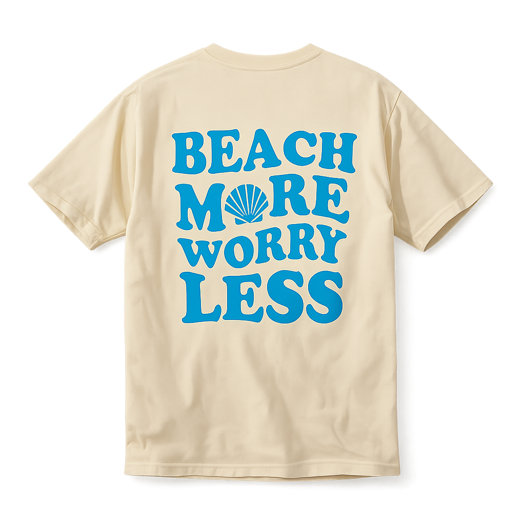 Yellow short sleeve t-shirt with blue text reading ‘Beach More Worry Less’ and a seashell graphic on the back.