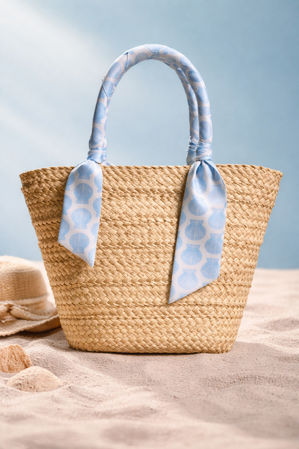 Woven straw bag with blue patterned handles on a sandy surface with a light blue background