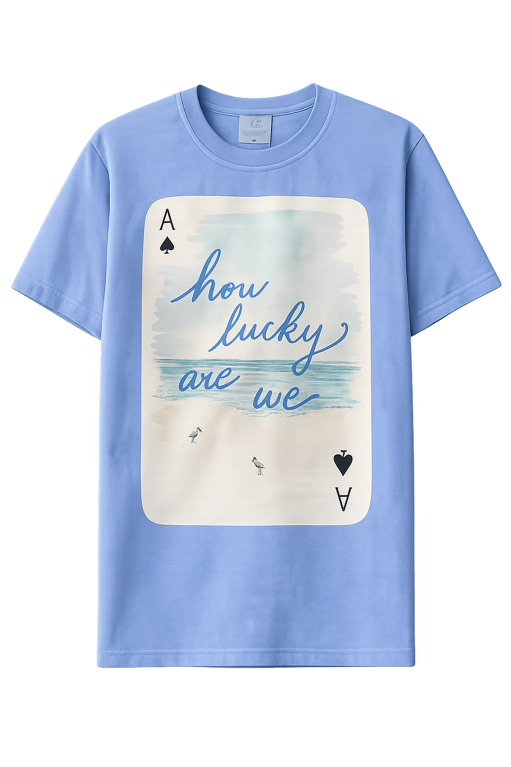 Light blue t-shirt with a graphic design and text on a white background