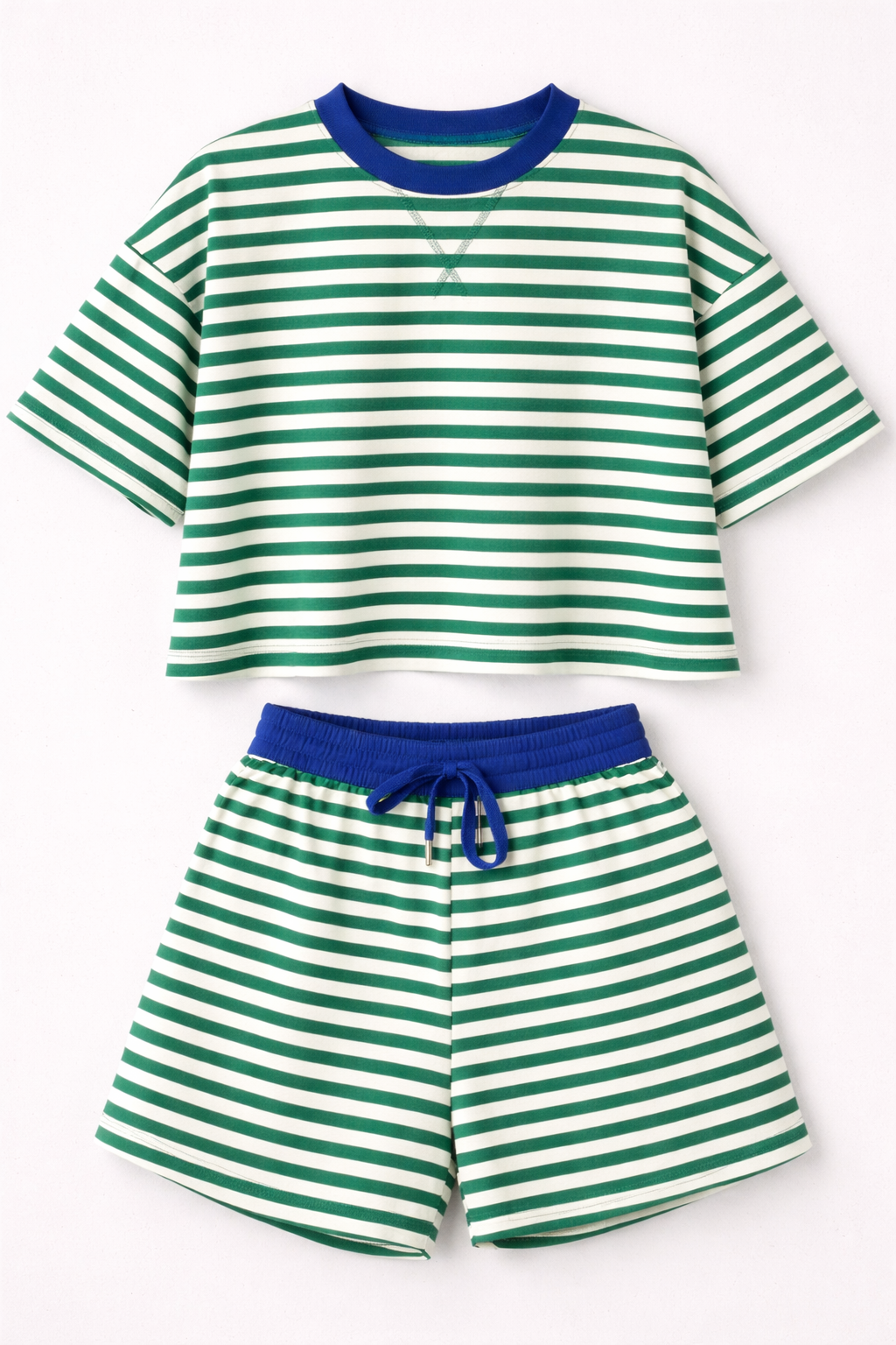 Green and white striped shirt and shorts set with blue accents on a white background