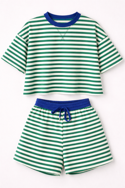 Green and white striped shirt and shorts set with blue accents on a white background