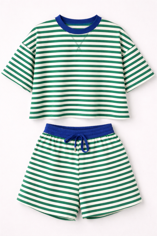 Green and white striped shirt and shorts set with blue accents on a white background