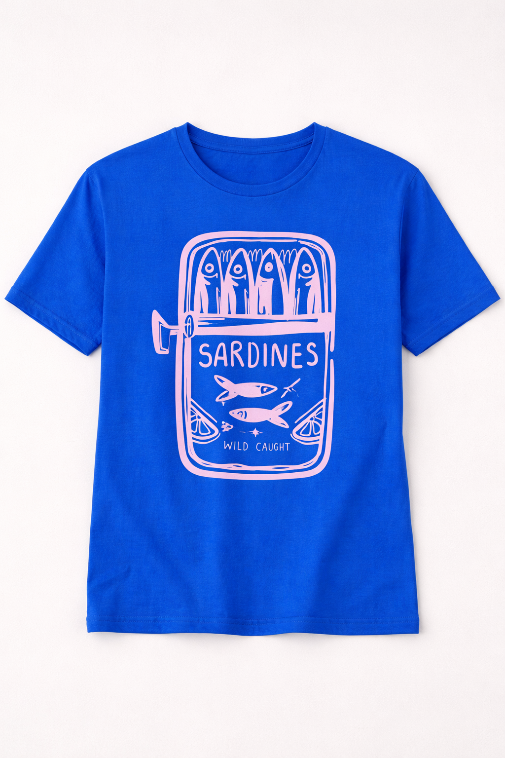 Blue t-shirt with white sardines graphic on a white background