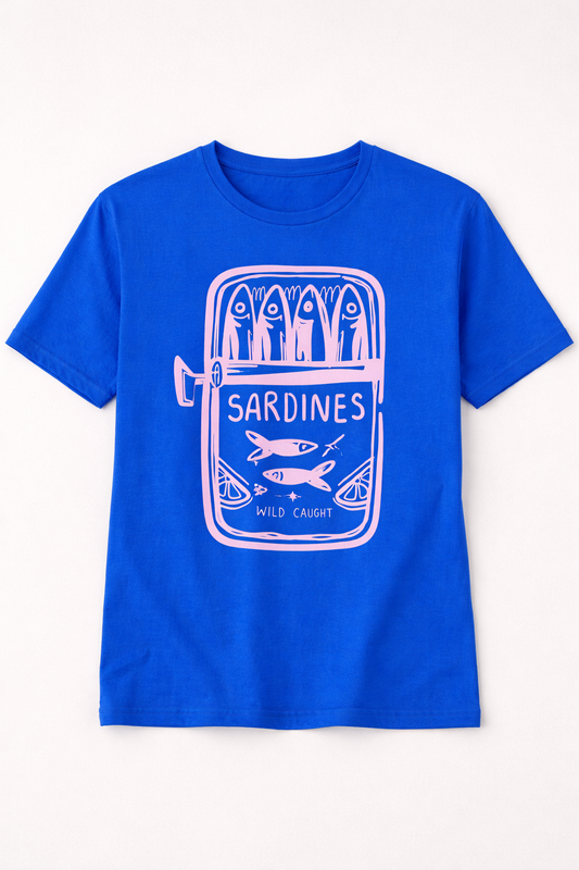 Blue t-shirt with white sardines graphic on a white background